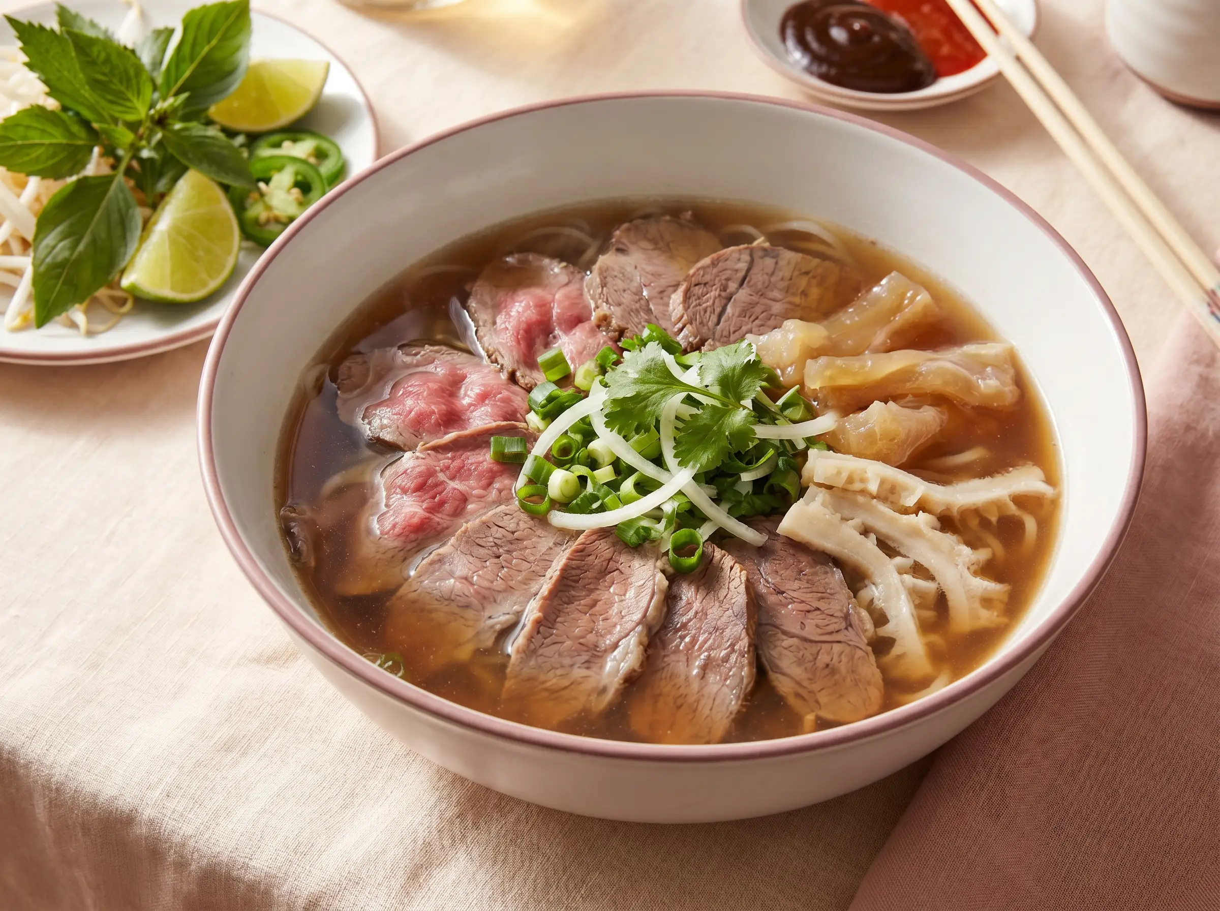House special pho with rare steak, brisket, flank, tendon, and tripe in twelve-hour broth