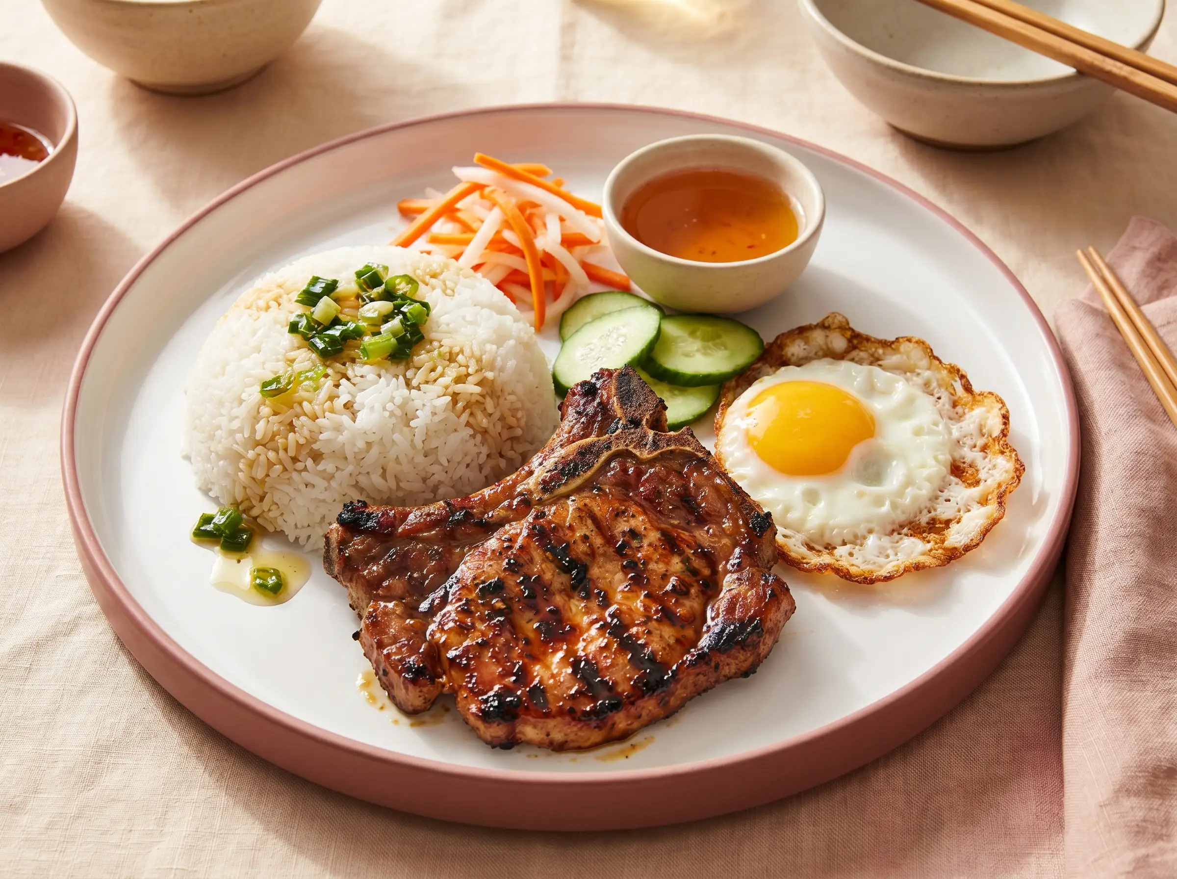 Pork chop rice plate with grilled bone-in pork chop, sunny-side egg, and pickled vegetables