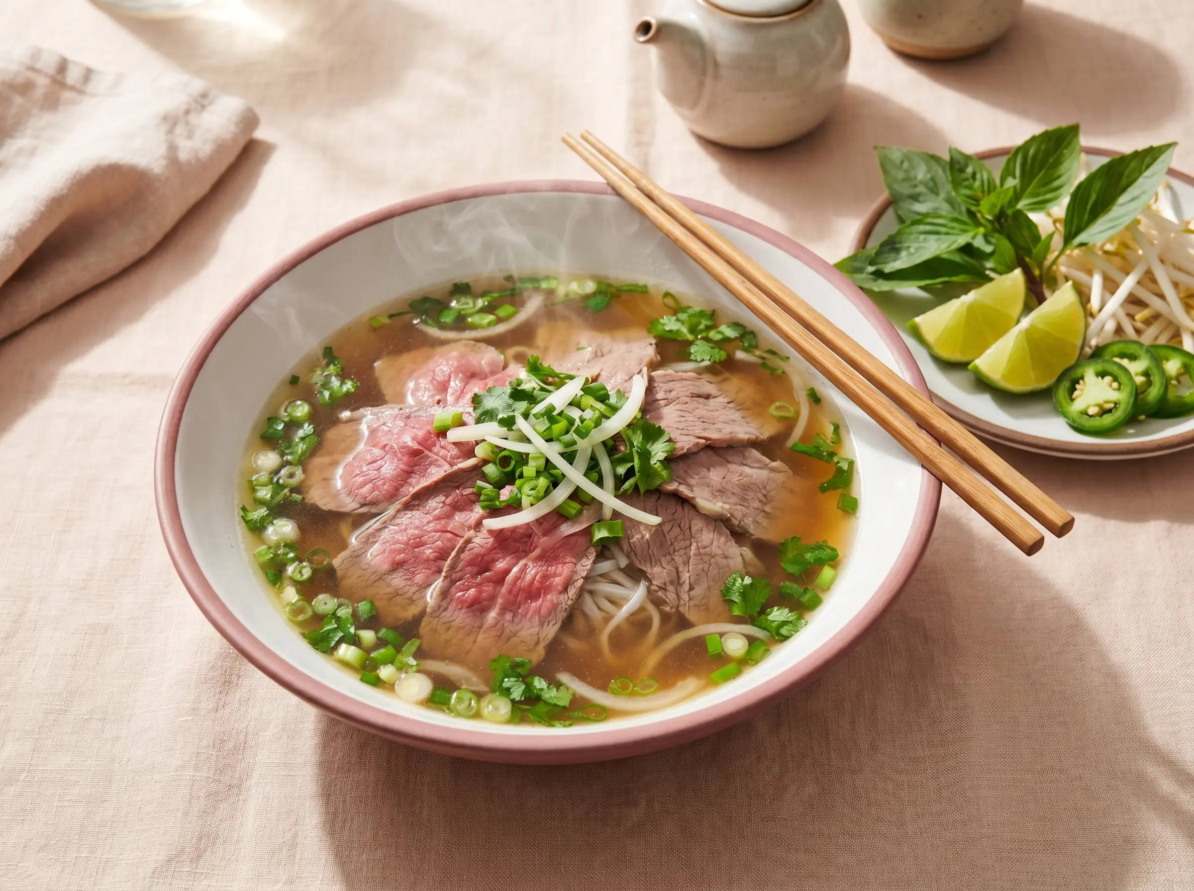 Rare steak and brisket pho with rice noodles in twelve-hour broth, served at Vietopia Bistro